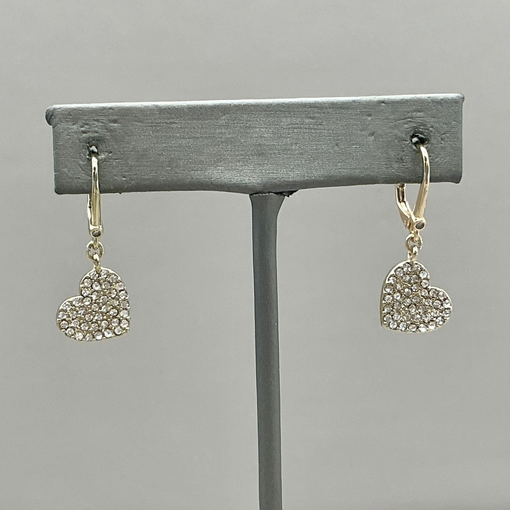 DKNY Heart Drop Earrings Women Gold Tone Pave Crystal Leverback Dangle Jewelry